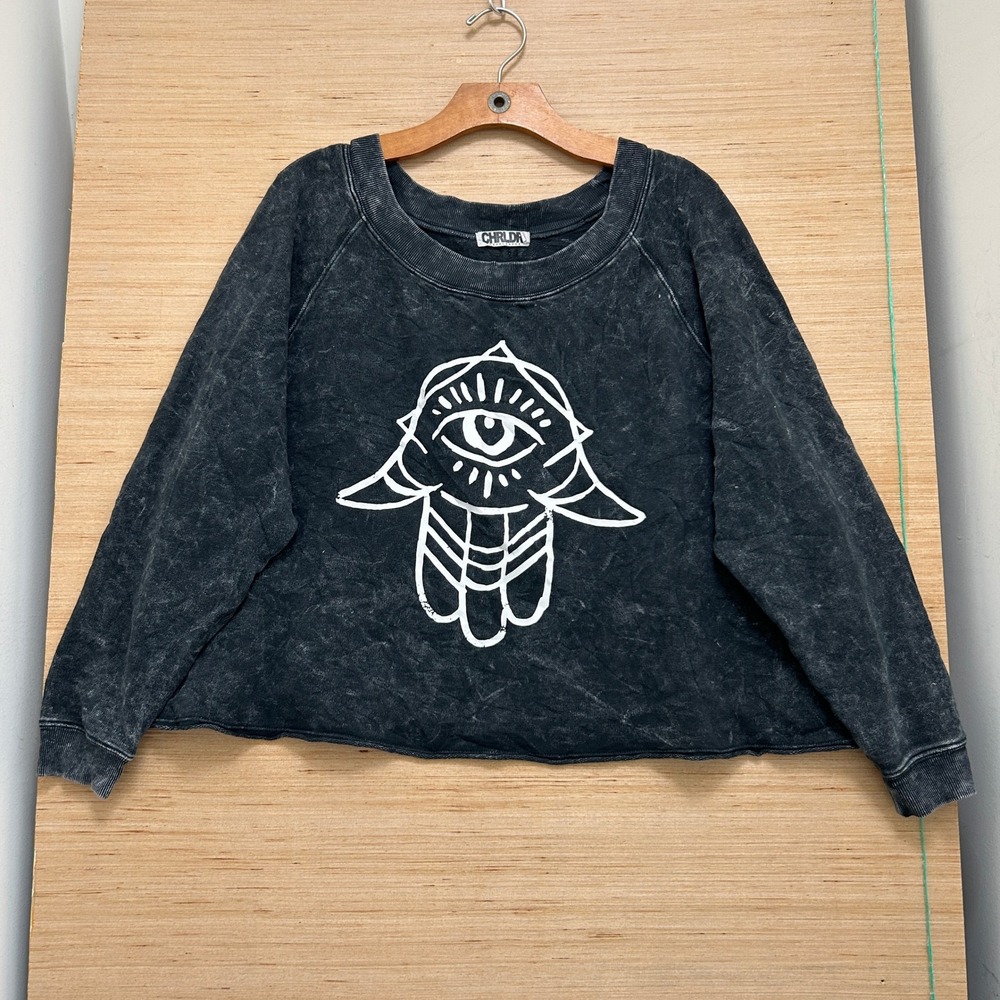 CHRLDR Acid Wash Hamsa Hand Evil Eye Cropped Sweatshirt Black S/P
